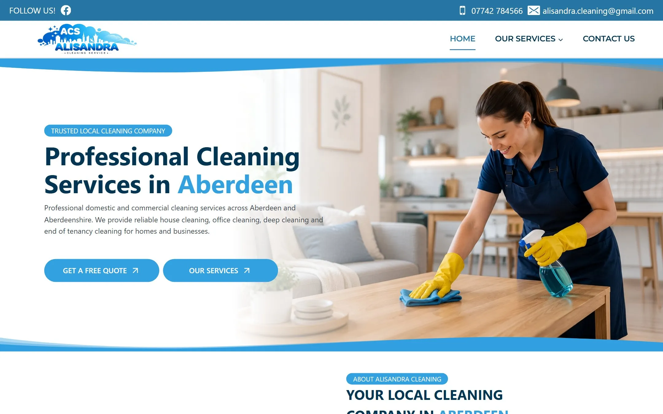 Homepage of the Alisandra Cleaning Services website